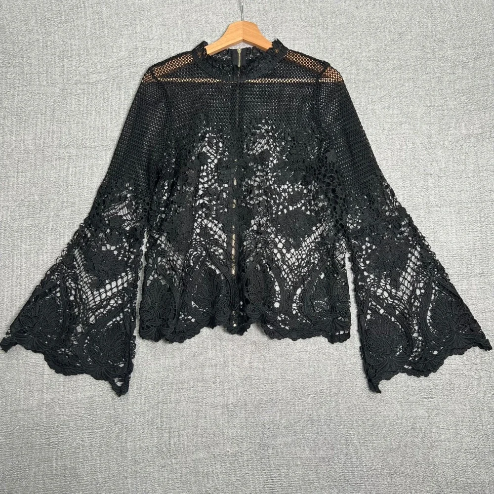 Crochet Grunge‎ Lace Top Black Floral Sheer Bell Sleeve M Dark Fairy Whimsigoth - Picture 13 of 13